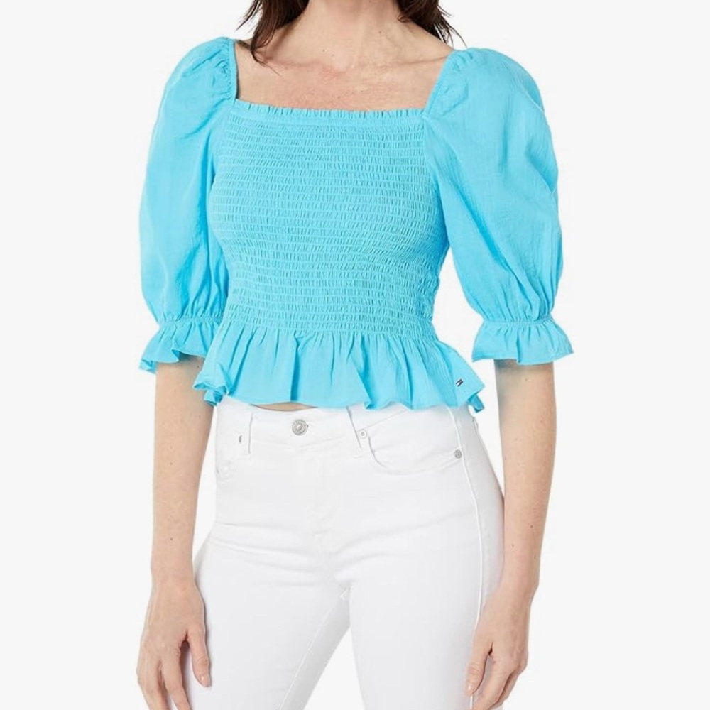 Tommy hilfiger Blue Puff Sleeve Smocked Blouse small nwt